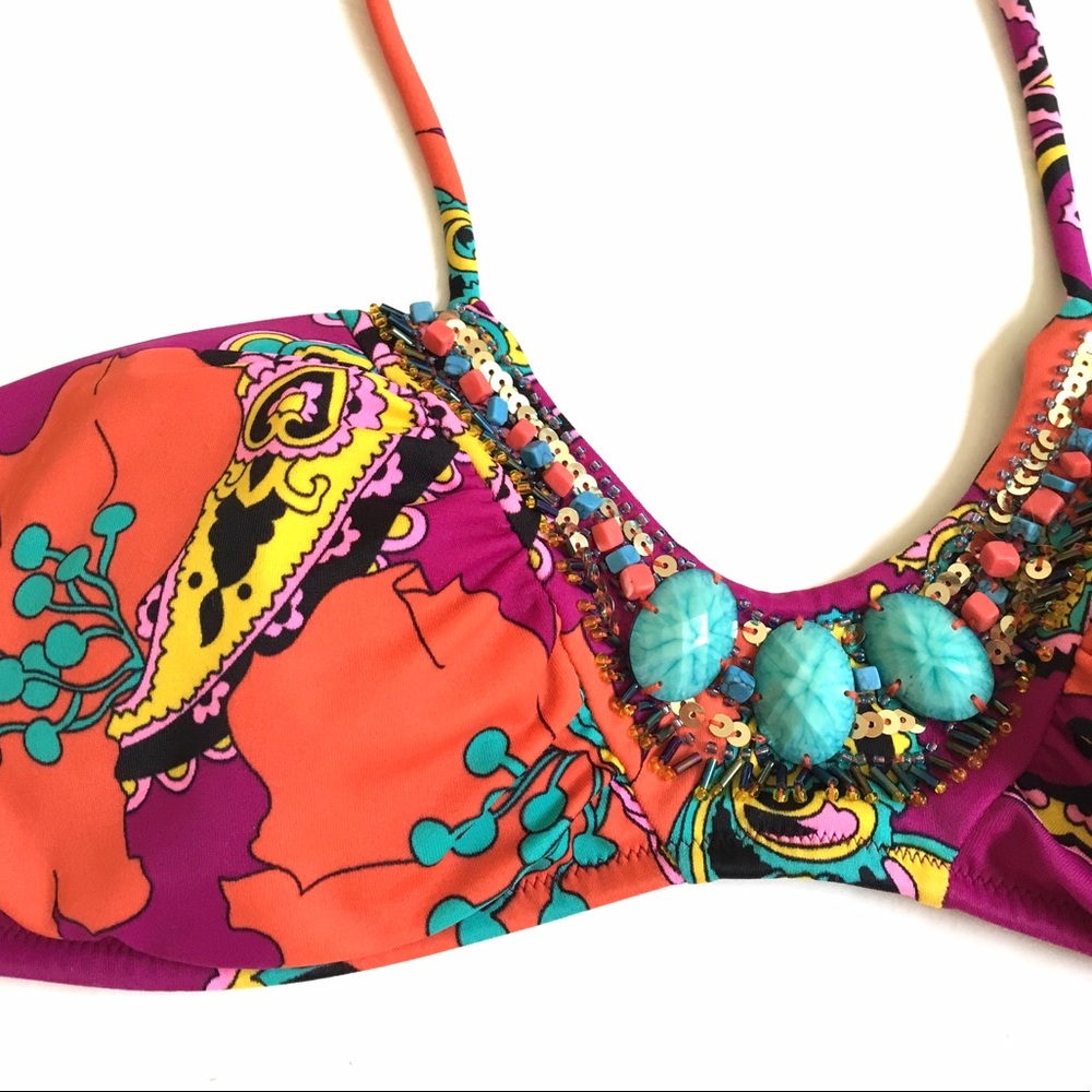 Vintage Y2K Victoria's Secret Embellished Beaded Paisley Pink Orange Boho Bikini - Picture 2 of 4